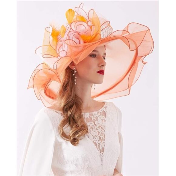 Women's Kentucky Derby Church Dress Hat C1 Orange - Picture 4 of 7